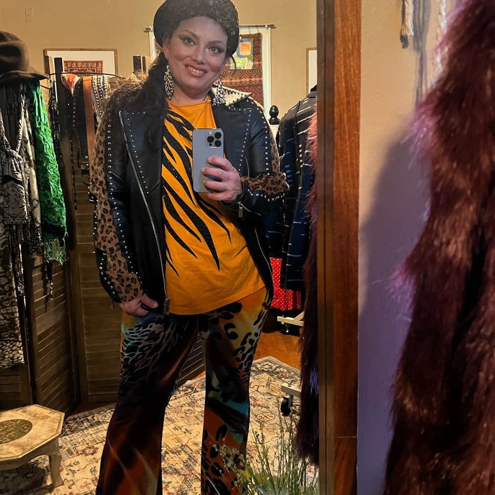 Zara Pleather Moto jacket with velvet animal print